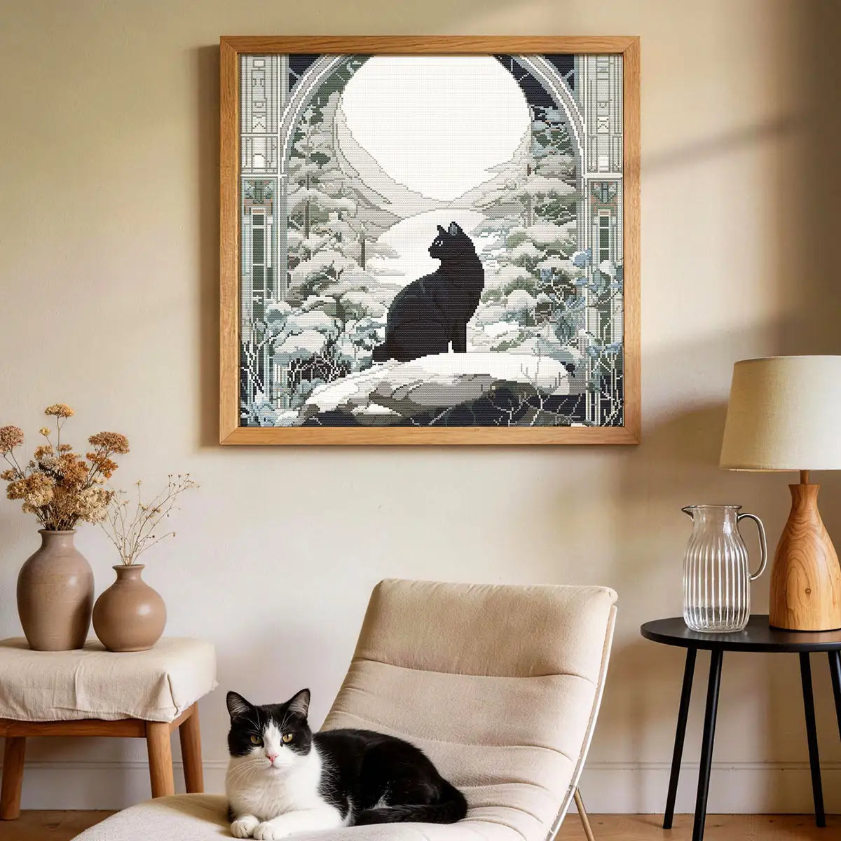 Ink Cat Diamond Painting as Wall Art in a Cozy Living Room - FEELOOK Art