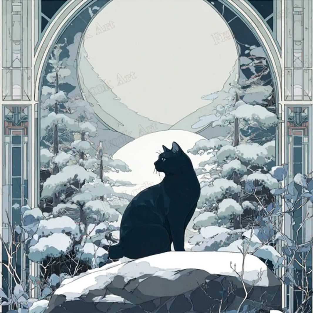 Ink Cat in Winter Forest Stained Glass Style Diamond Painting - FEELOOK Art