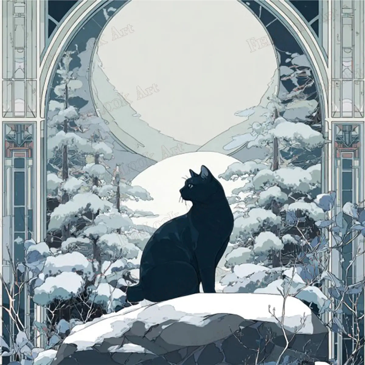 Ink Cat in Winter Forest Stained Glass Style Diamond Painting - FEELOOK Art
