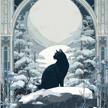 Ink Cat in Winter Forest Stained Glass Style Diamond Painting - FEELOOK Art