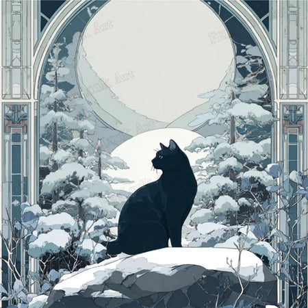 Ink Cat in Winter Forest Stained Glass Style Diamond Painting - FEELOOK Art