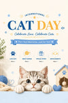 International Cat Day banner featuring an adorable kitten with playful paw prints and cat-themed decorations - FEELOOK Art
