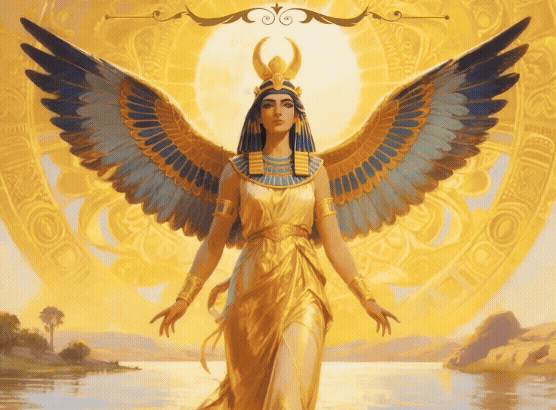 Animated diamond painting of Isis, the Egyptian goddess of magic and rebirth, glowing with golden light and majestic wings — FEELOOK Art