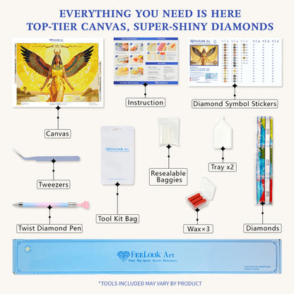 Isis diamond painting kit with labeled items including canvas, diamonds, and various tools  - FEELOOK Art
