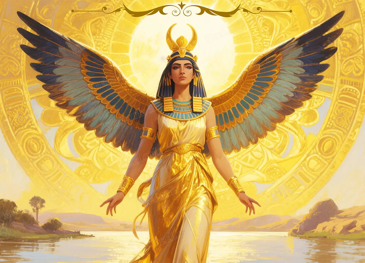 Isis diamond painting featuring the Egyptian goddess with wings and mystical aura – FEELOOK Art