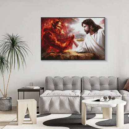 Religious-themed diamond painting displayed in prayer or study room.