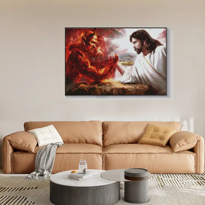 Faith-inspired diamond art of Jesus and Devil framed in serene space.