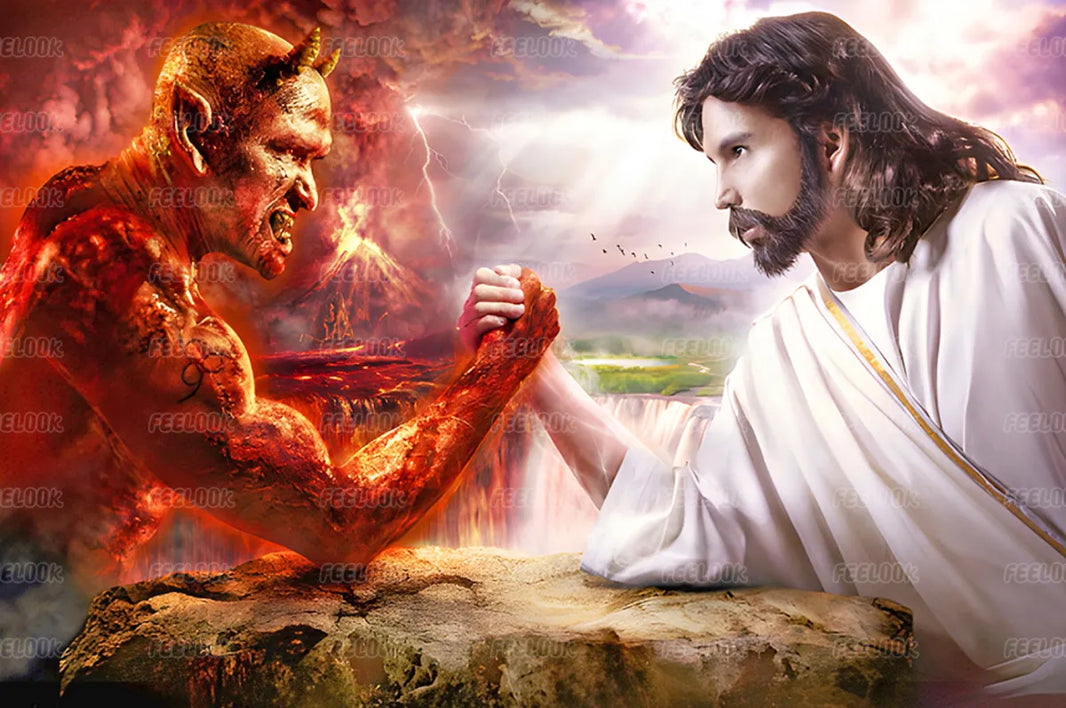 Jesus vs Devil diamond painting kit depicting arm-wrestling spiritual battle in full drill round diamonds.