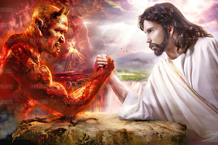 Jesus vs Devil diamond painting kit depicting arm-wrestling spiritual battle in full drill round diamonds.
