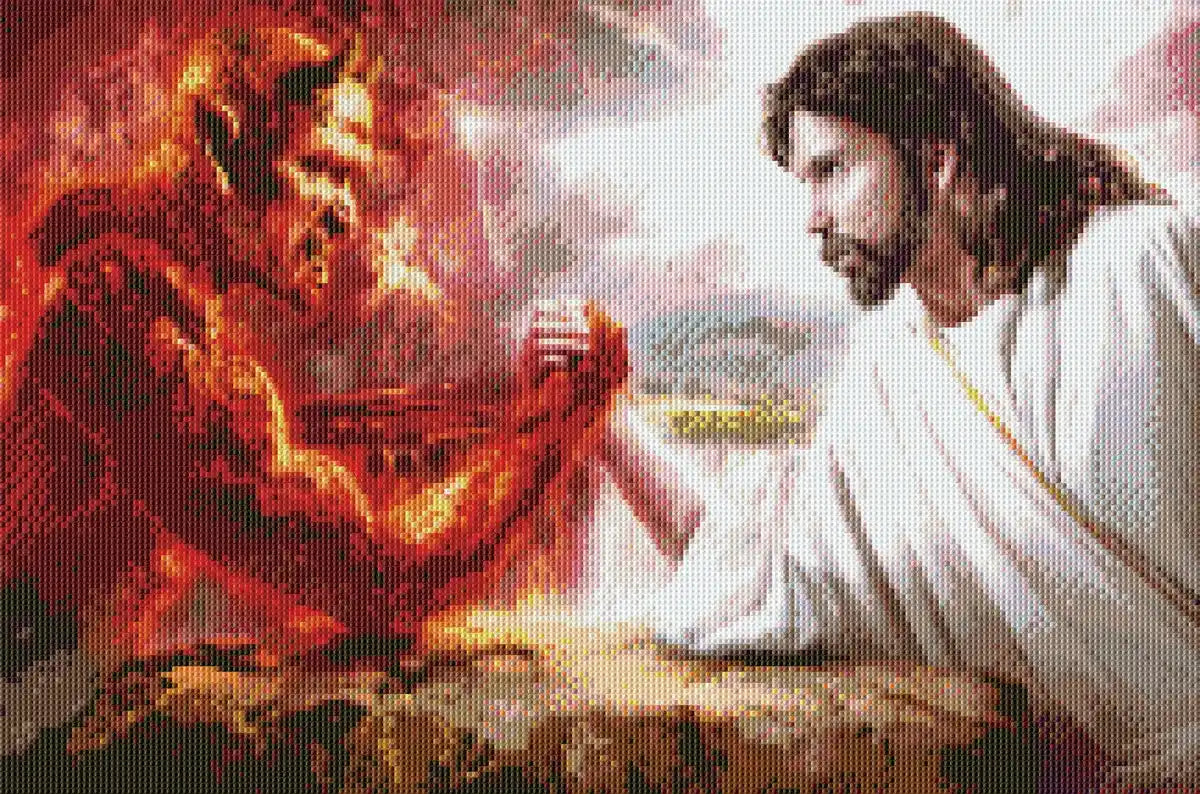 Complete dramatic spiritual artwork of Jesus and Devil in DIY diamond painting style.