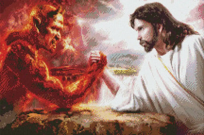 Complete dramatic spiritual artwork of Jesus and Devil in DIY diamond painting style.