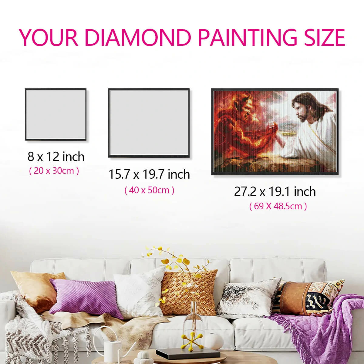 Diamond painting canvas size guide for Jesus vs Devil spiritual battle diamond art.