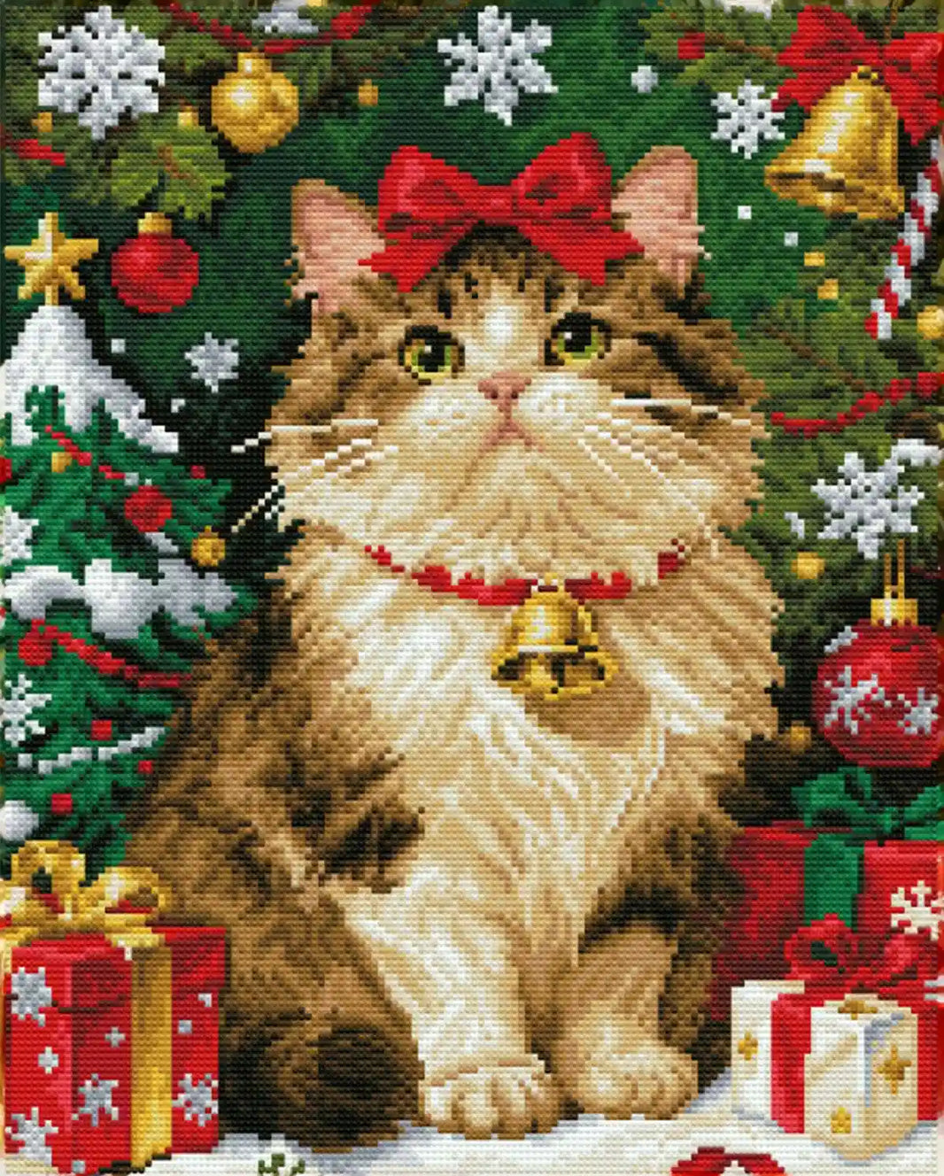 Finished Jingle diamond art showing a sparkling festive kitten with detailed fur and vivid holiday colors – FEELOOK Art