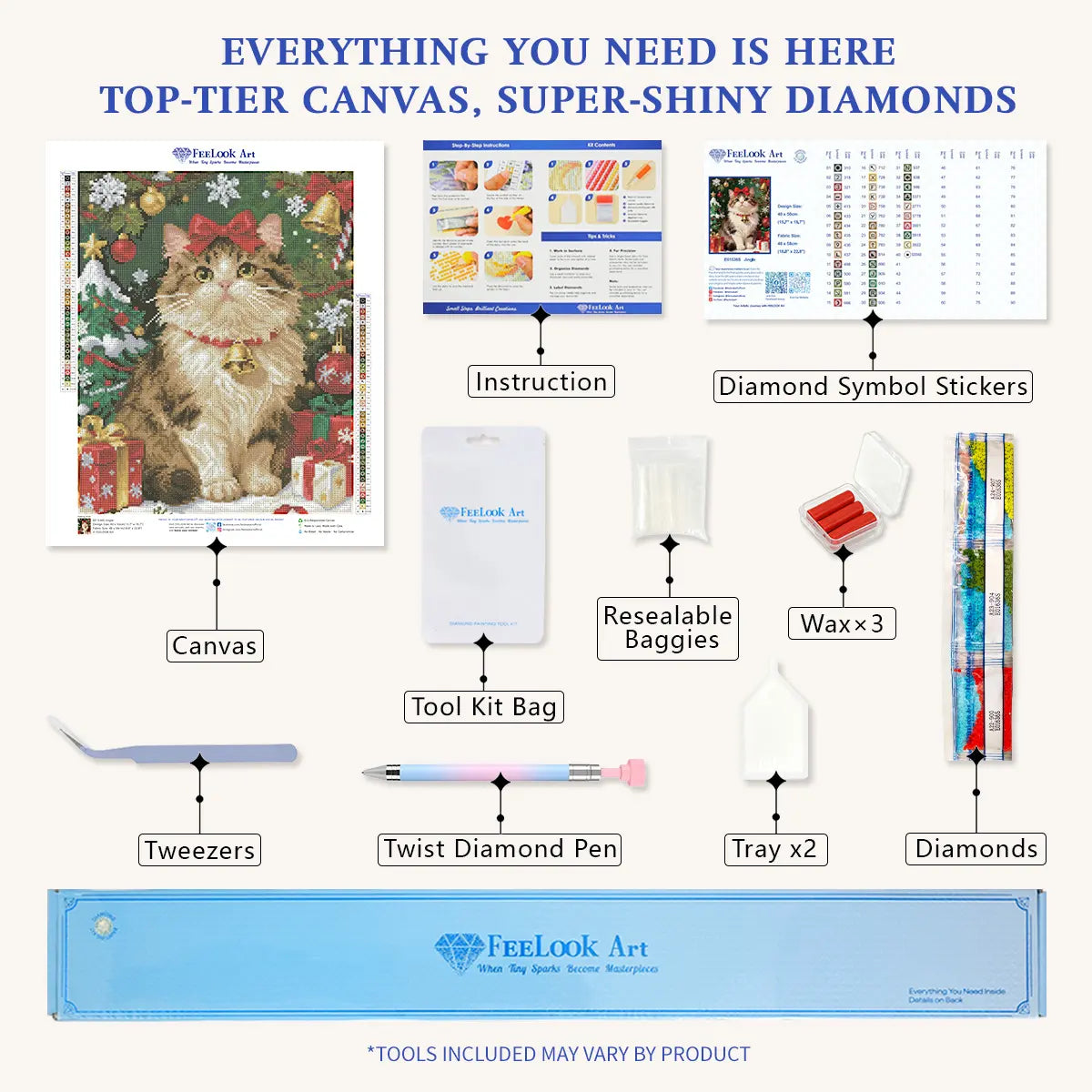 Diamond painting kit contents for Jingle including pen, tray, wax, and colorful resin drills – FEELOOK Art 