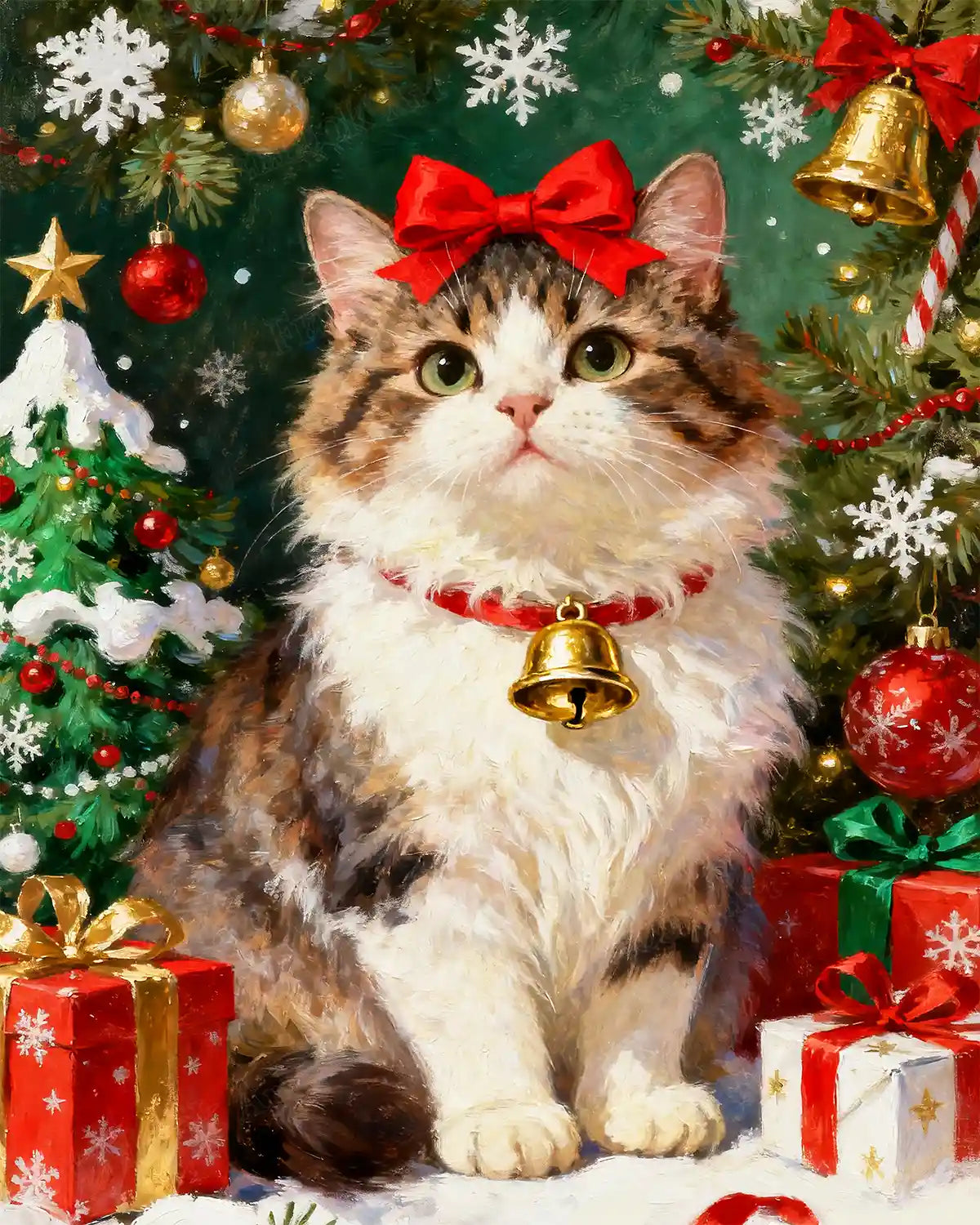 Jingle diamond painting featuring a cute kitten with a red bow and golden bell surrounded by Christmas ornaments – FEELOOK Art