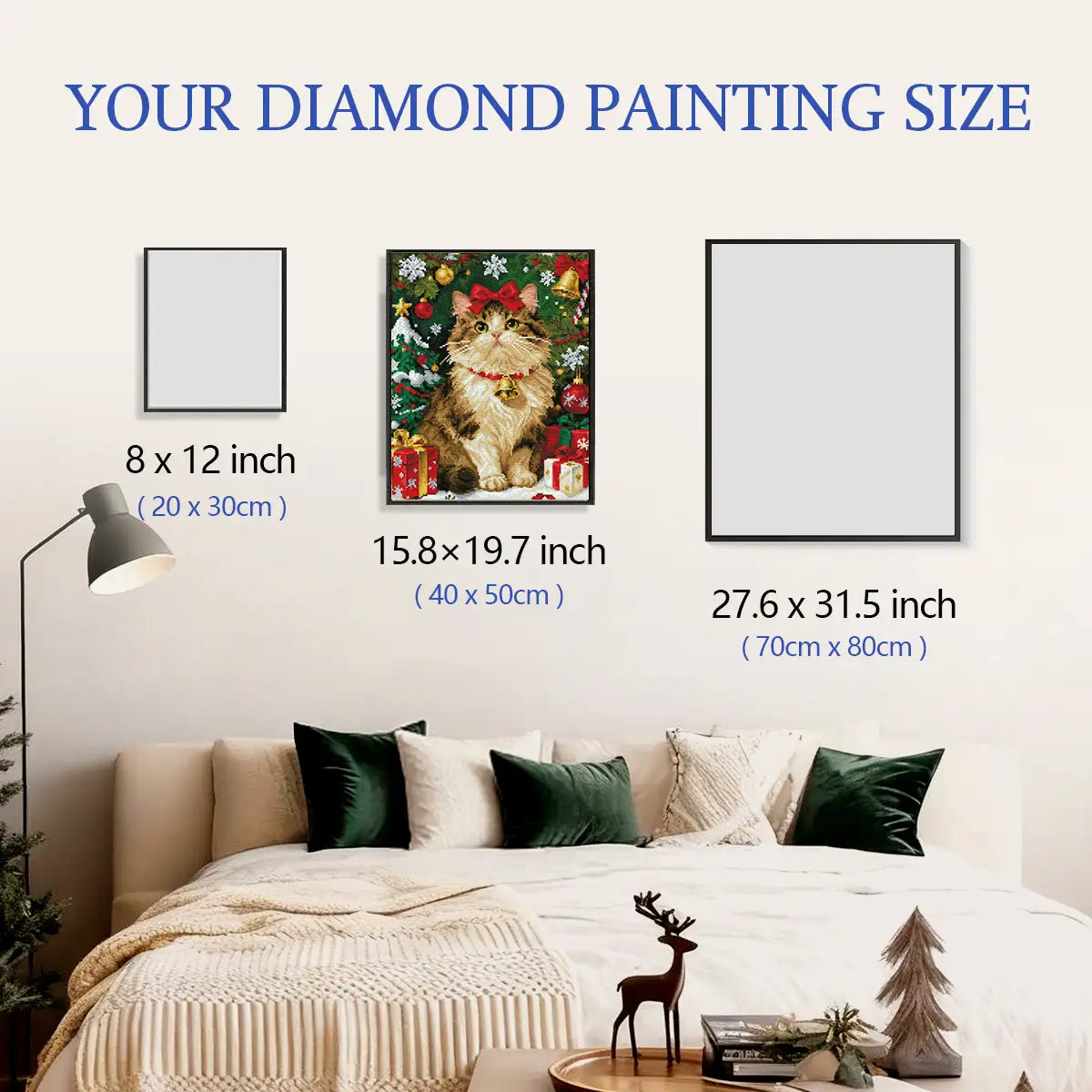 Jingle diamond painting framed above sofa with visible size guide for easy comparison – FEELOOK Art
