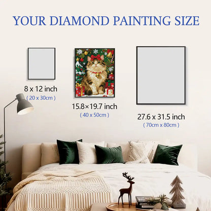 Jingle diamond painting framed above sofa with visible size guide for easy comparison – FEELOOK Art