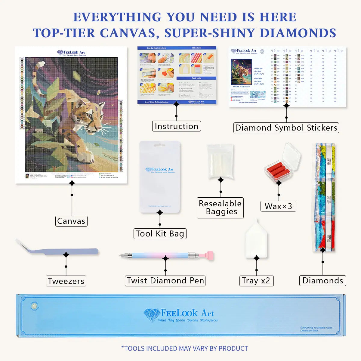 Jungle Jaguar 5D diamond painting kit contents, complete DIY craft supplies with tools and diamonds - FEELOOK Art