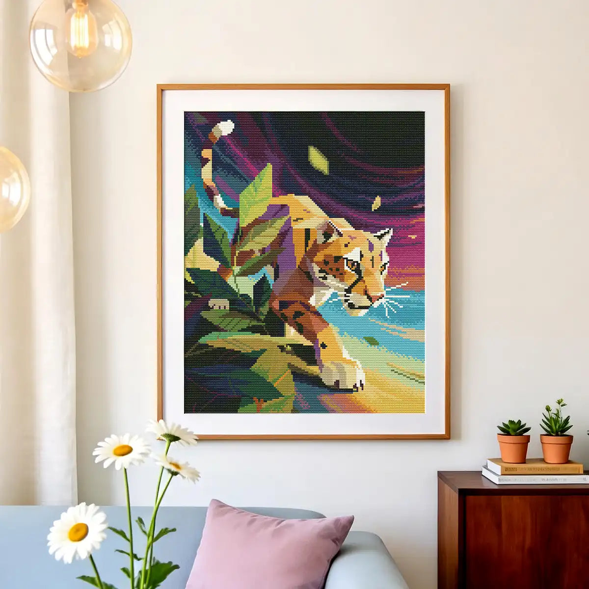 Jungle Jaguar diamond painting as home wall decor, wild cat art for living room/bedroom, jungle-themed decor - FEELOOK Art