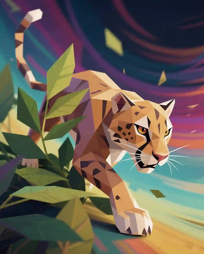 Jungle Jaguar 5D diamond painting, low poly jaguar in tropical jungle, geometric wild cat diamond art - FEELOOK Art
