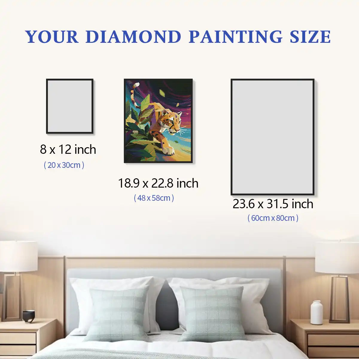 Jungle Jaguar diamond painting size options chart, DIY craft size reference for home decor - FEELOOK Art