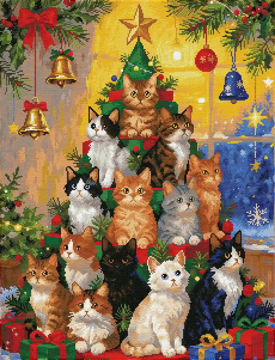 Finished Kitten Christmas Tree diamond art showing sparkling kittens and bright Christmas lights in vivid detail – FEELOOK Art