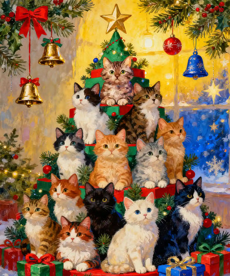 Kitten Christmas Tree diamond painting featuring adorable kittens stacked like a Christmas tree with festive decorations – FEELOOK Art