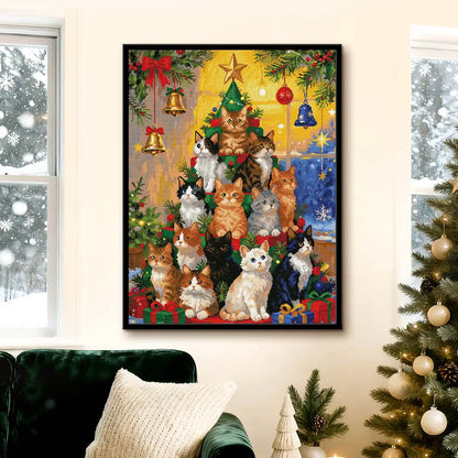 Kitten Christmas Tree diamond painting displayed in a cozy holiday living room, adding warmth and festive cheer – FEELOOK Art