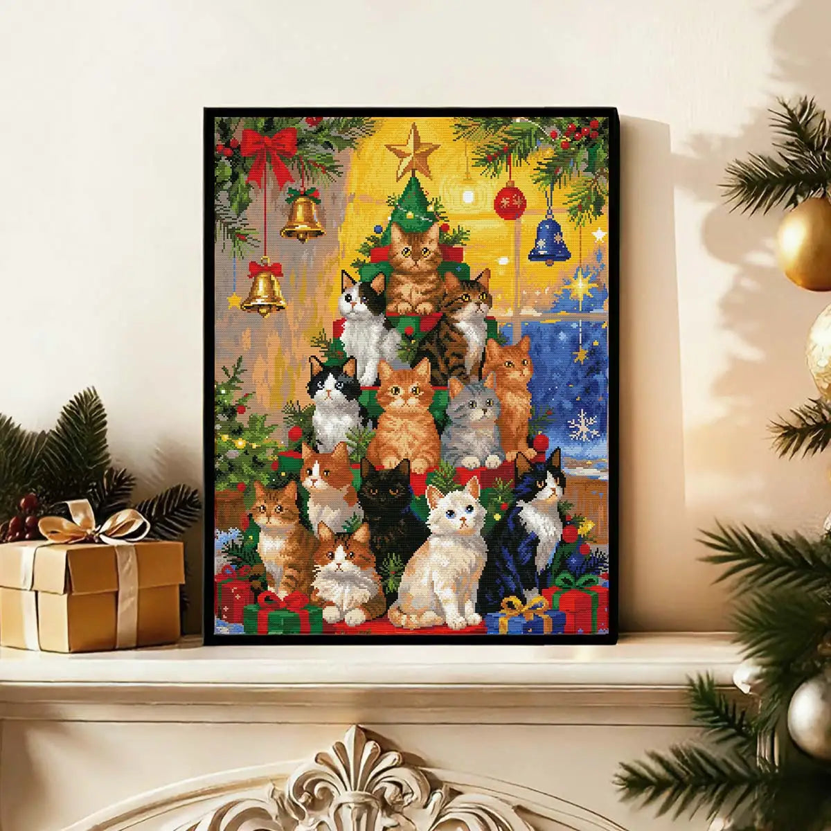 Kitten Christmas Tree diamond painting bringing playful and joyful Christmas charm to seasonal home décor – FEELOOK Art