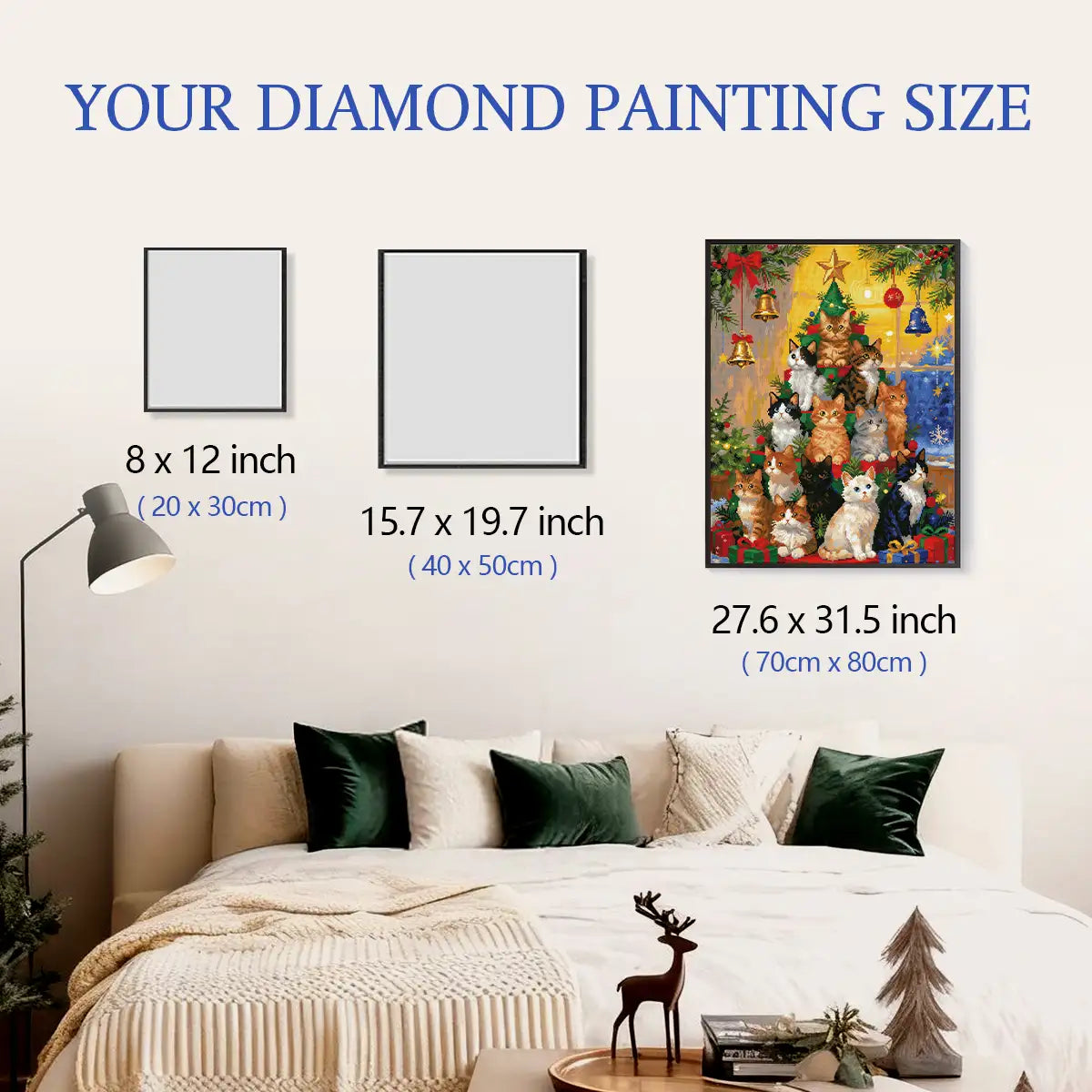 Kitten Christmas Tree diamond painting framed on wall with size guide, showing scale for easy reference – FEELOOK Art