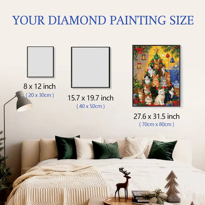 Kitten Christmas Tree diamond painting framed on wall with size guide, showing scale for easy reference – FEELOOK Art