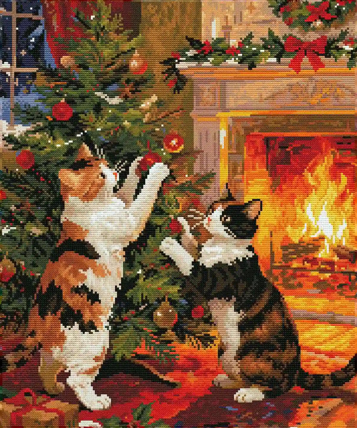 Finished Kitten Party diamond art showing sparkling details of kittens, ornaments, and glowing fireplace – FEELOOK Art