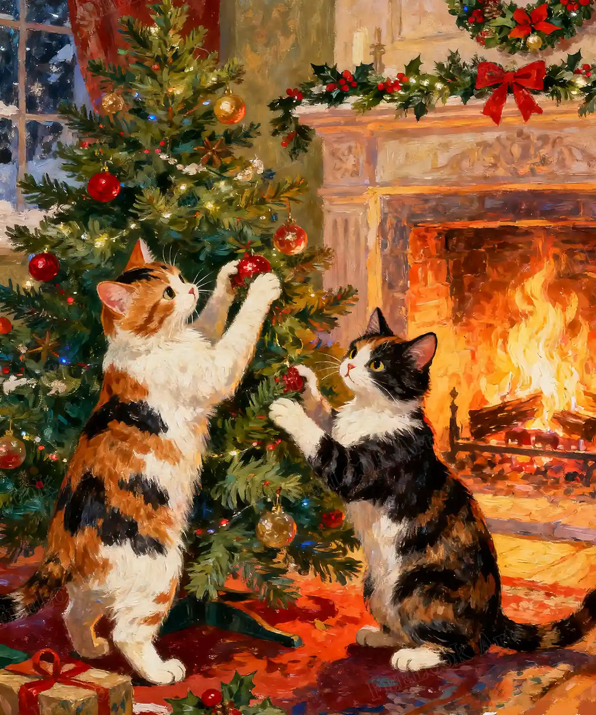 Kitten Party diamond painting featuring two playful cats decorating a Christmas tree by a cozy fireplace – FEELOOK Art