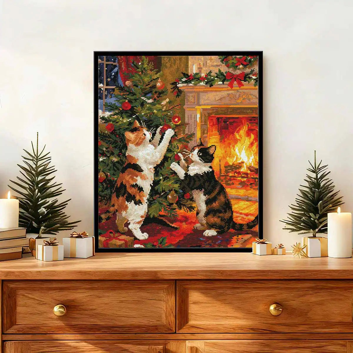 Kitten Party diamond art displayed in a festive living room, adding warmth and holiday cheer – FEELOOK Art