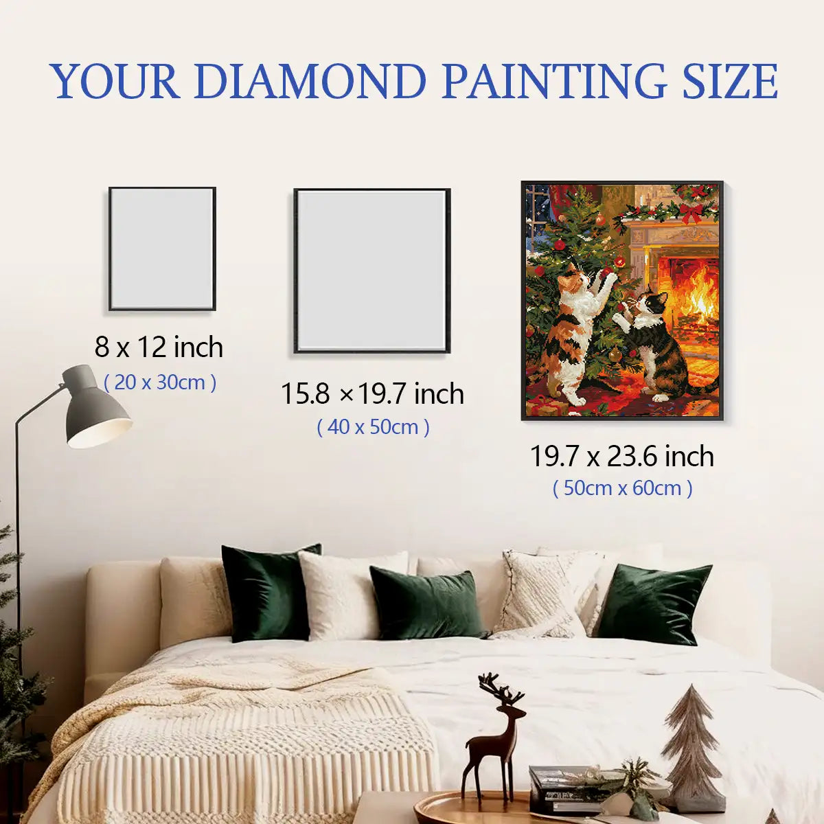 Kitten Party diamond painting framed on wall above sofa with size chart for easy comparison – FEELOOK Art