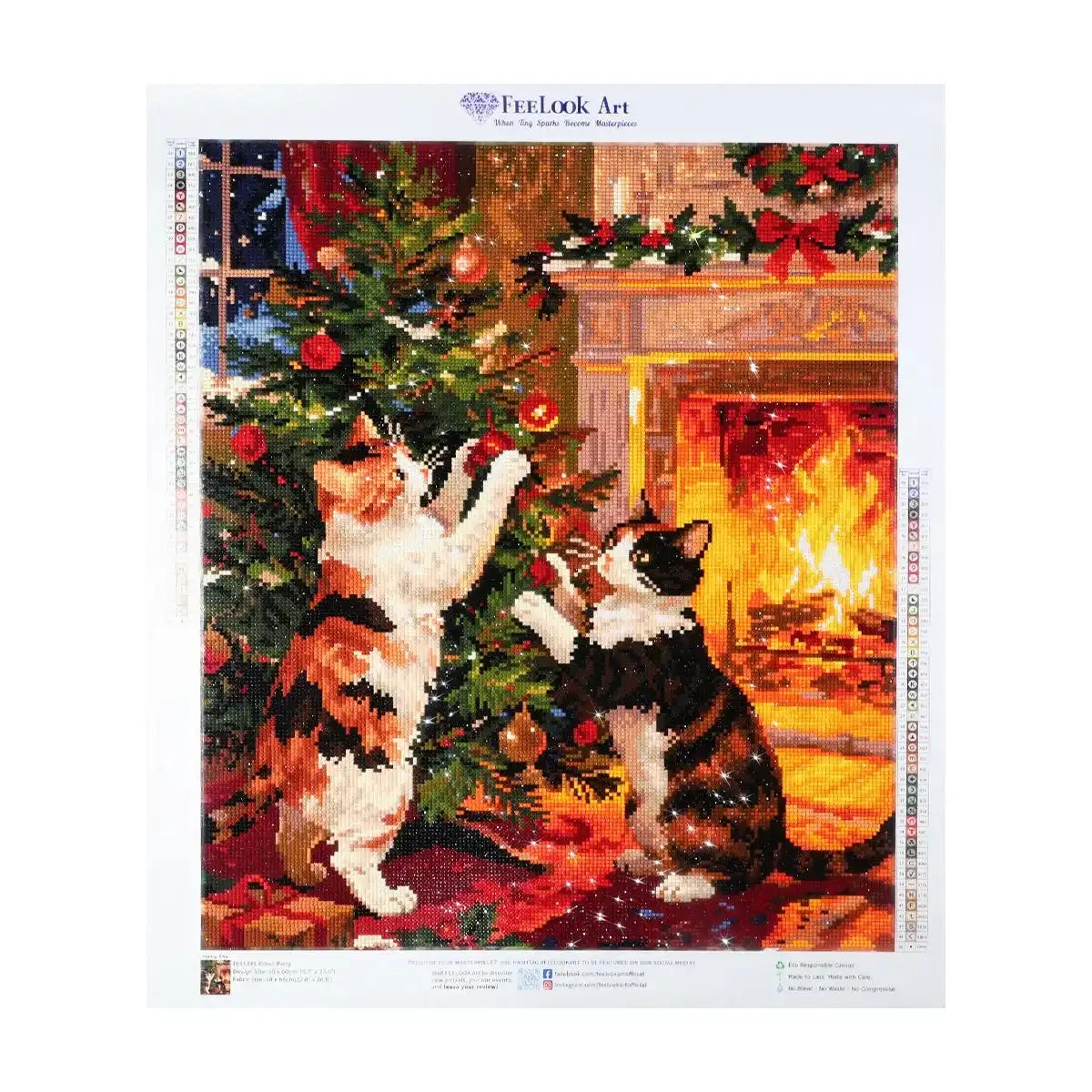 Kitten Party diamond painting with playful kittens decorating Christmas tree by cozy fireplace - FEELOOK Art