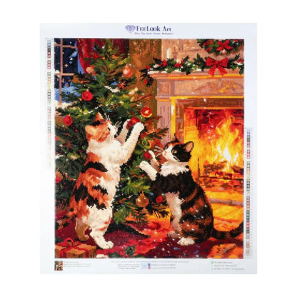 Kitten Party diamond painting with playful kittens decorating Christmas tree by cozy fireplace - FEELOOK Art