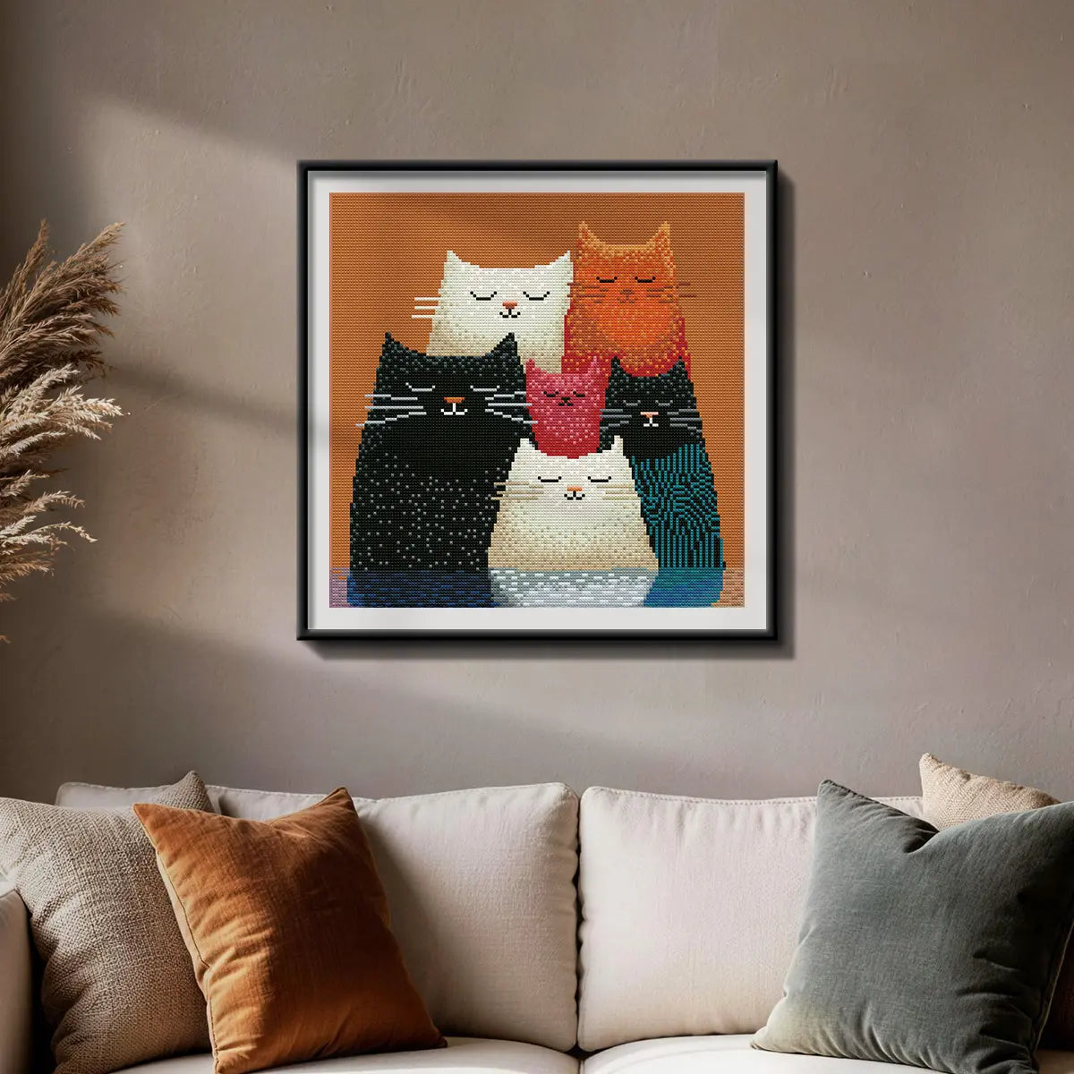 Kitty Squad diamond painting hung on a wall above a beige sofa - FEELOOK Art