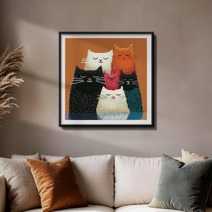 Kitty Squad diamond painting hung on a wall above a beige sofa - FEELOOK Art