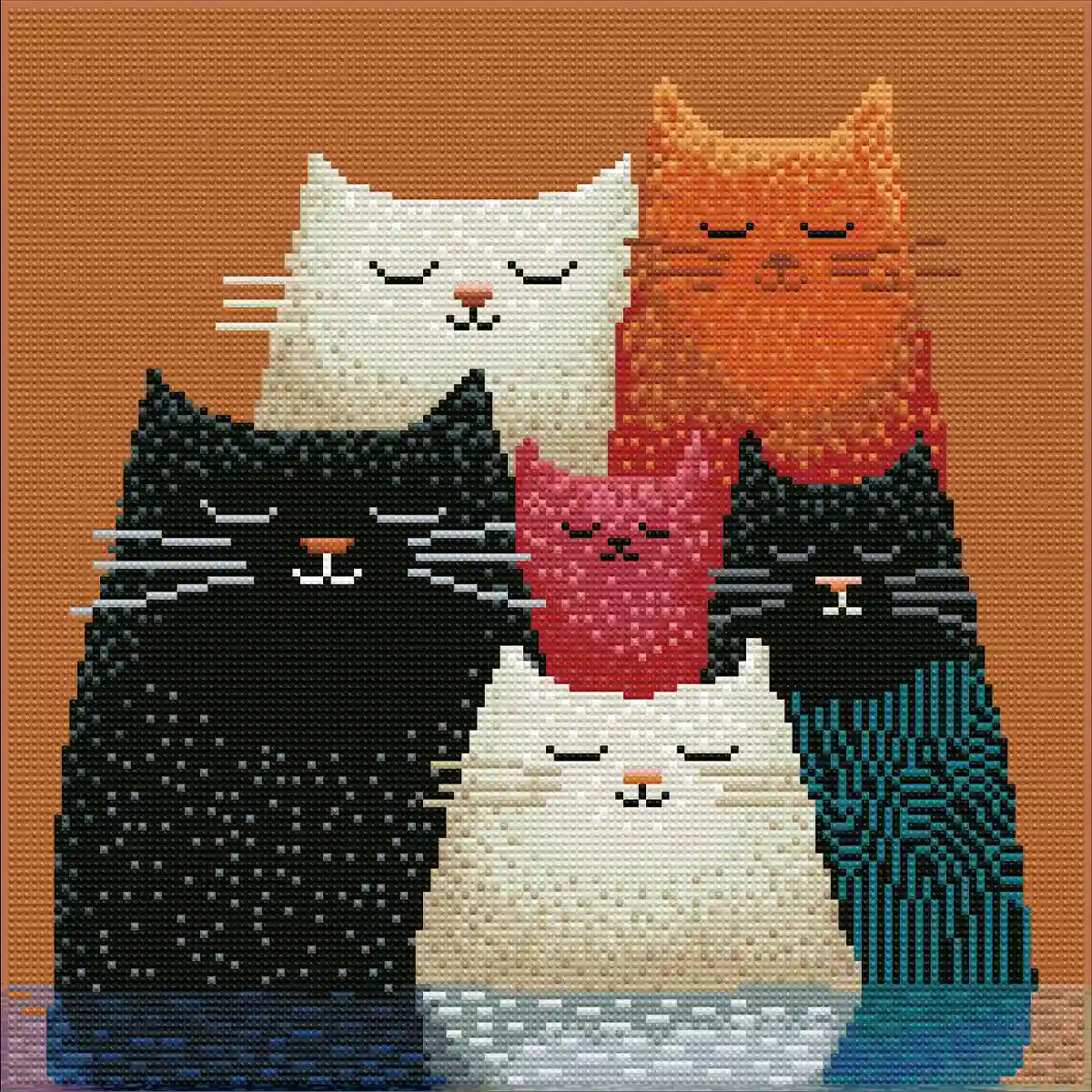 Finished Kitty Squad diamond painting with sparkling rhinestones depicting six cats - FEELOOK Art