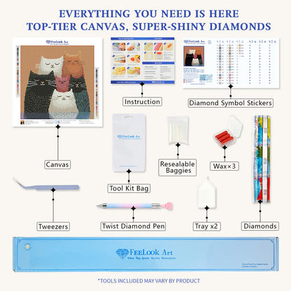 Complete Kitty Squad diamond painting kit with canvas, diamonds, tools, and instructions - FEELOOK Art