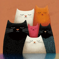 Original Kitty Squad artwork featuring six colorful cats on an orange background - FEELOOK Art