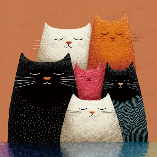 Original Kitty Squad artwork featuring six colorful cats on an orange background - FEELOOK Art