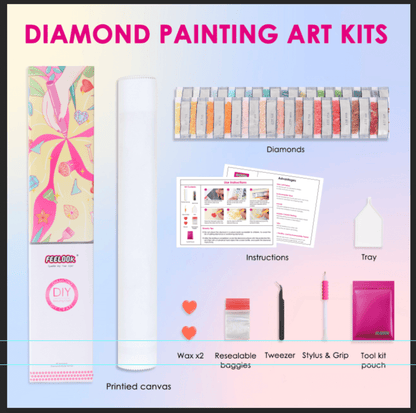 Complete Landscape Art diamond painting kit with canvas, diamonds, and essential accessories for a nature-inspired project.