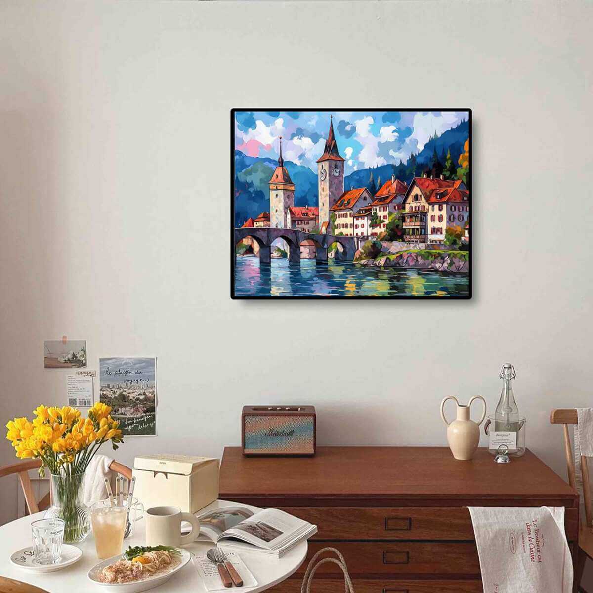 Landscape Art diamond painting in a cozy room, adding a peaceful and natural touch to your home decor.