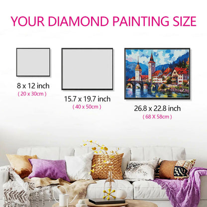 Landscape Art diamond painting size comparison, showing artwork proportions in a spacious living room.
