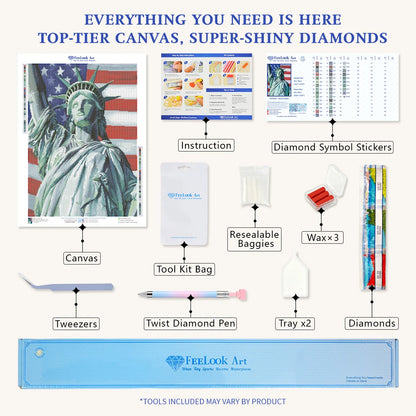 Diamond painting kit contents for Liberty Lights, including pen, tray, wax, and colorful resin drills – FEELOOK Art