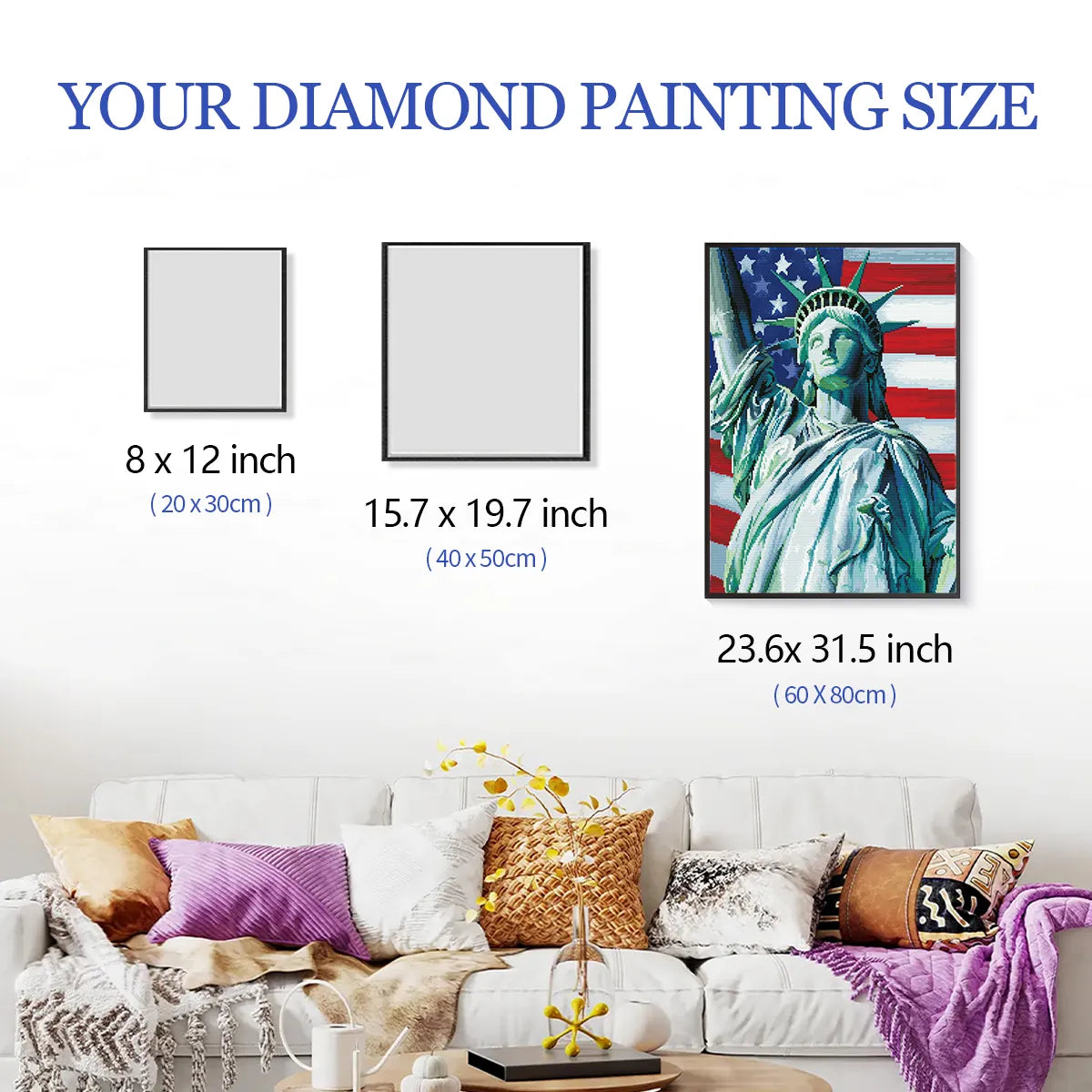 Liberty Lights diamond painting framed on a wall, showcasing its size with an easy size comparison – FEELOOK Art