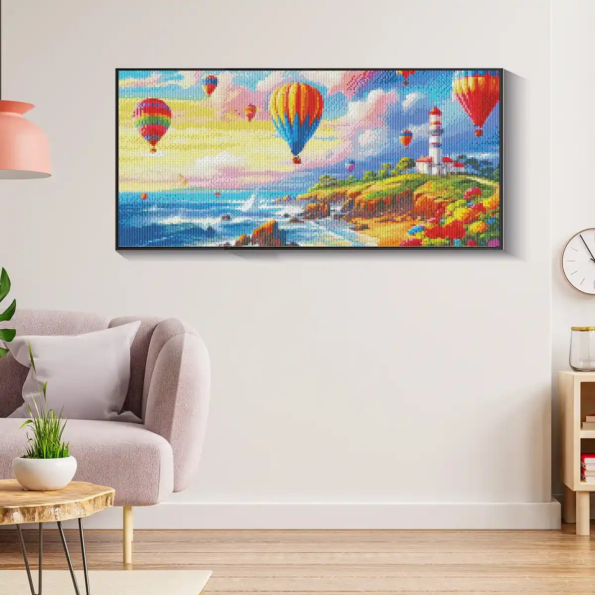 Coastal hot air balloon diamond painting in bright living space.