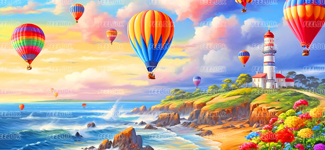 Full drill round diamond painting kit showing lighthouse and sky full of hot air balloons.